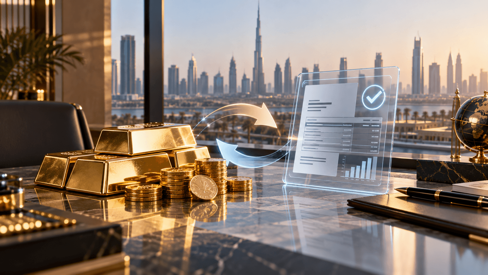 Gold bars and coins on a desk beside a validated digital invoice, with the Dubai skyline behind